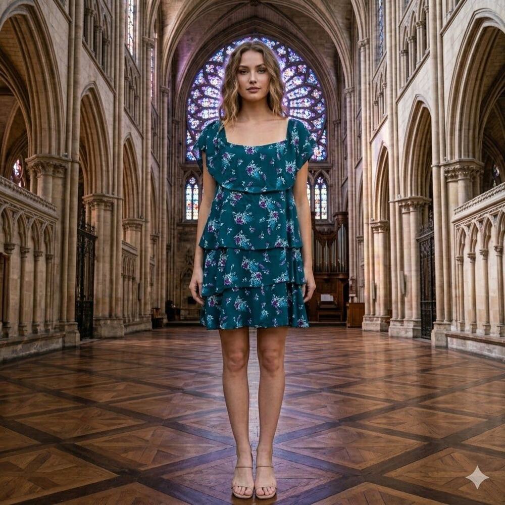 Wayf Floral Tiered Dress Womens Teal Square Neck Ruffle Short Sleeve Dress L